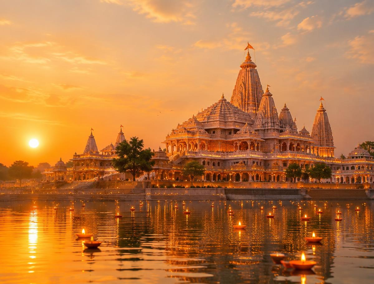 Ram Mandir, Ayodhya at golden hour with floating diyas on the Saryu